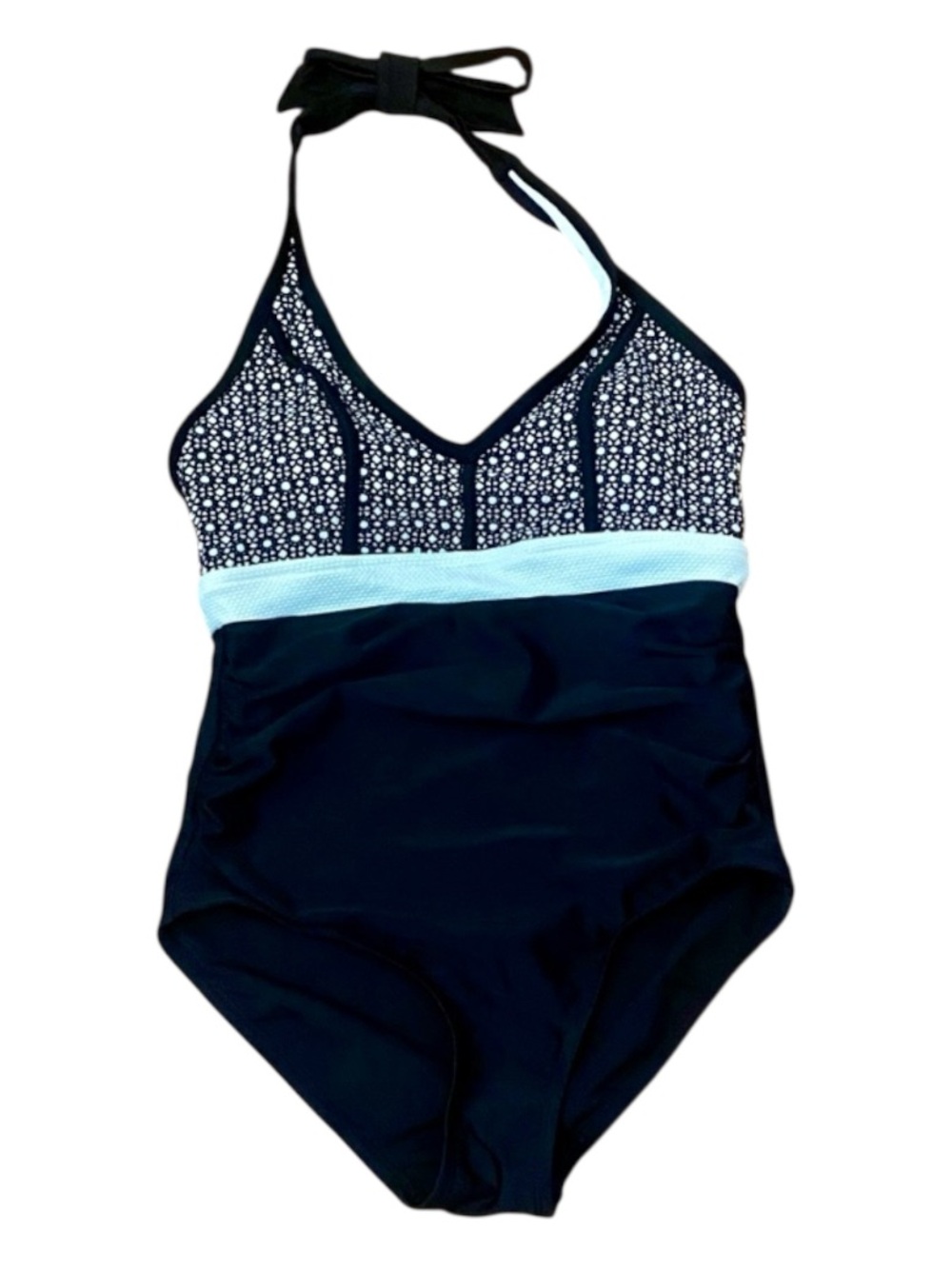Merona One Piece Swimsuit M Black White Halter Ruched Tummy Control Padded